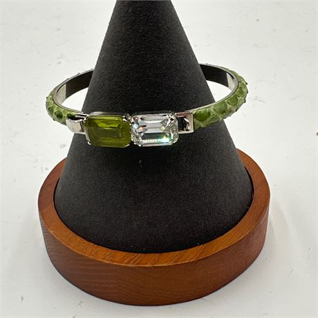 Italian Green Snakeskin-Wrapped Hinged Bangle Bracelet with Emerald-Cut Crystal