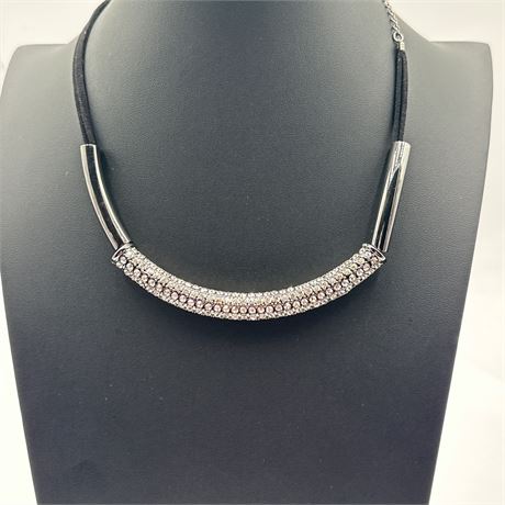 Crystal Pavé Curved Bar Necklace on Black Suede Cord with Silver-Tone Hardware