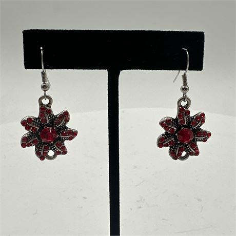 Antiqued Silver-Tone Floral Dangle Earrings with Red Rhinestones