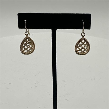 Silver-Tone Teardrop Filigree Dangle Earrings with Rope Border and French Wire