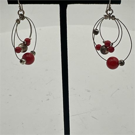 Sterling Silver Wire Dangle Earrings with Red Coral Beads and Silver Bead