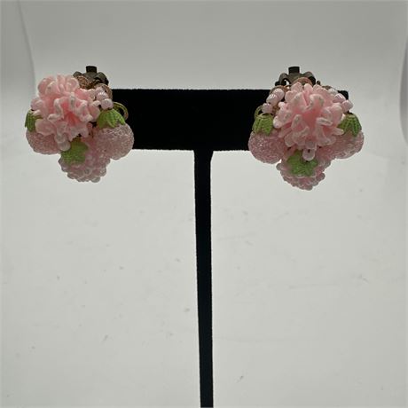 Vintage Mid-Century Pink Sugared Bead Floral Cluster Clip-On Earrings