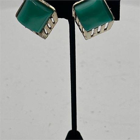 Sterling Silver Clip-On Earrings with Green Chrysoprase Cabochons