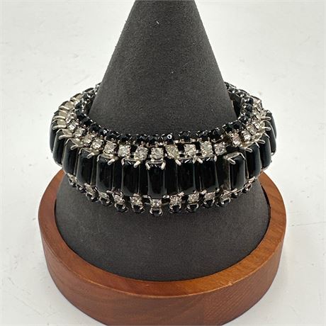 Vintage Mid-Century Black French Jet & Clear Rhinestone Five-Row Articulated