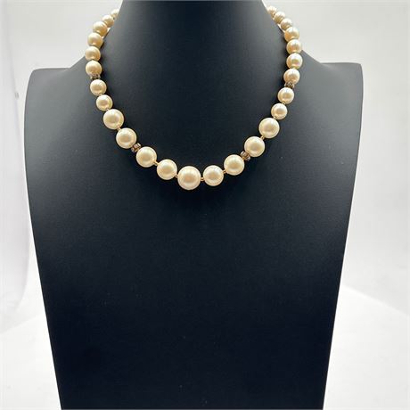 Graduated Faux Pearl Necklace with Rhinestone Rondelle Spacers