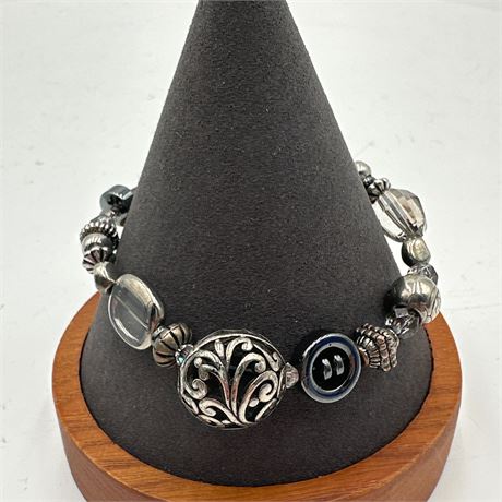 Silver-Tone Beaded Bracelet with Filigree Sphere Focal Bead & Faceted Crystal