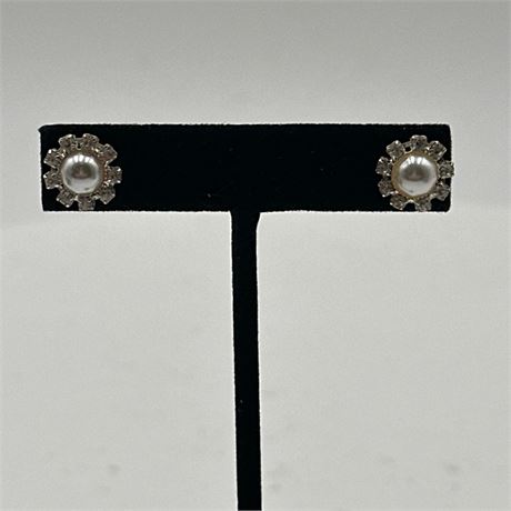 Vintage Faux Pearl & Rhinestone Halo Button Earrings