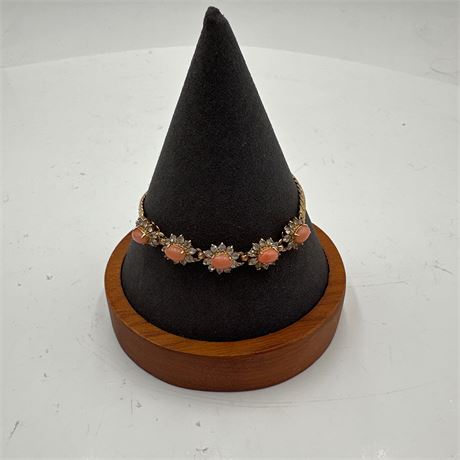 Vintage Gold-Tone Simulated Coral Cabochon & Rhinestone Station Bracelet