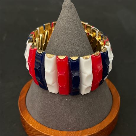 Vintage Red White & Blue Thermoset Plastic Expansion Bracelet, Mid-Century