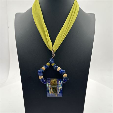 Art Glass Pendant Necklace with Dichroic Glass, Lapis Lazuli Beads, and Silk