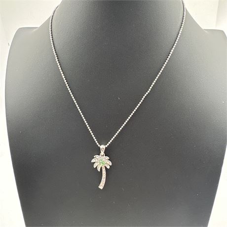 Unsigned Silver-Plated Rhinestone Palm Tree Pendant Necklace on Ball Chain