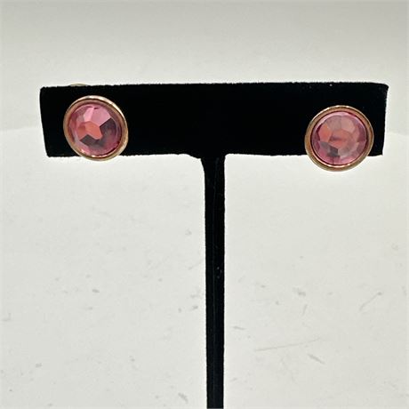 Bezel-Set Pink Crystal Stud Earrings in Gold-Tone Metal