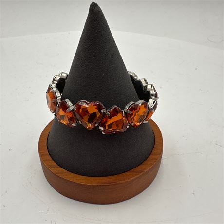 Vintage Costume Jewelry Heart-Cut Orange Rhinestone Stretch Bracelet,