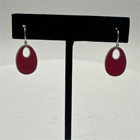 Contemporary Magenta Enamel Teardrop Drop Earrings with Silver-Tone Metal