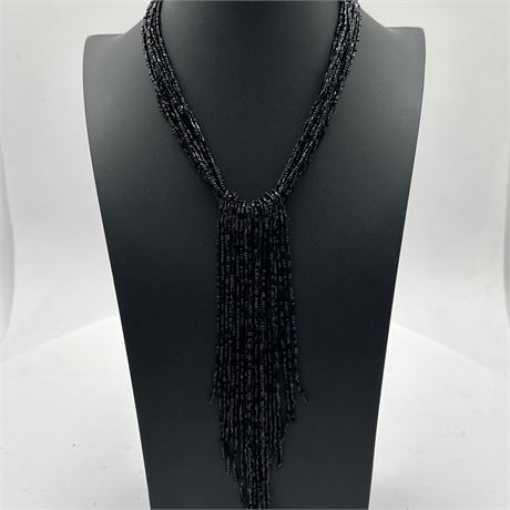 Multi-Strand Black Glass Seed Bead Lariat Necklace with Tassel Fringe