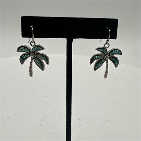 Palm Tree Dangle Earrings with Crushed Synthetic Opal Inlay and Rhinestone