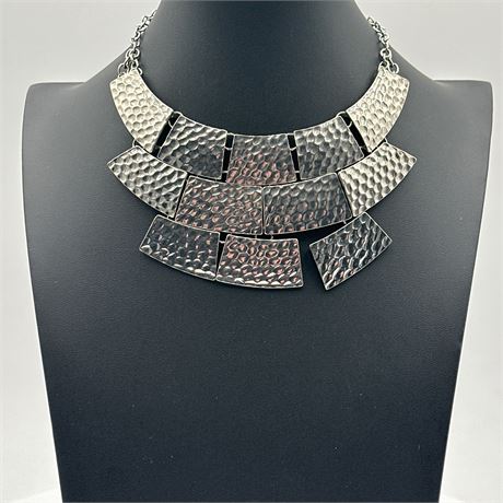 Hammered Silver-Tone Articulated Bib Statement Necklace, Multi-Tier Panel Design