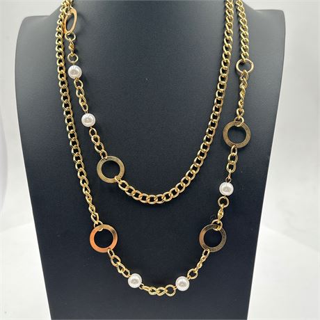 Gold-Tone Sautoir Station Necklace with Faux Pearls and Open Circle Links