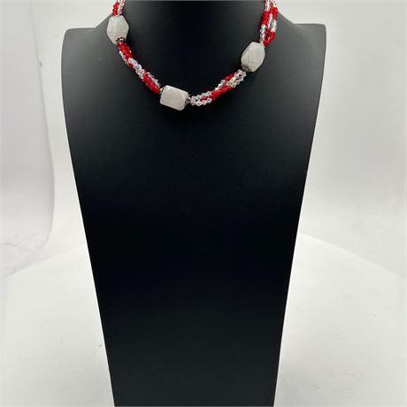 Multi-Strand Rose Quartz and Crystal Beaded Necklace with Silver-Tone Spacers