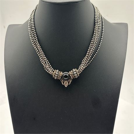 Antiqued Silver-Tone Multi-Strand Ball Chain Necklace with Black Cabochon
