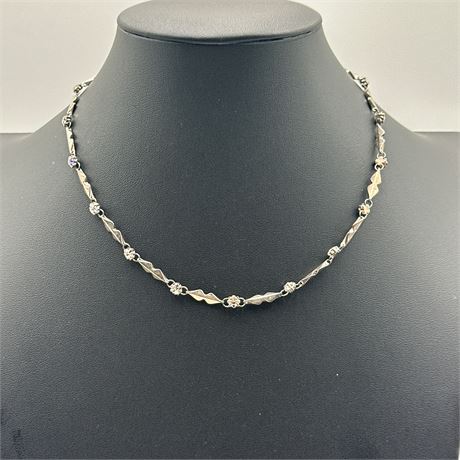 Unsigned Vintage Silver-Tone and Clear Rhinestone Alternating Link Necklace