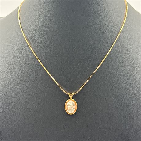 Vintage Carved Carnelian Shell Cameo Pendant on Gold-Tone Serpentine Chain