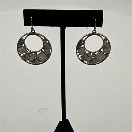 Circular Dangle Earrings with Mixed-Cut Stone Accents on Fish Hook Wires