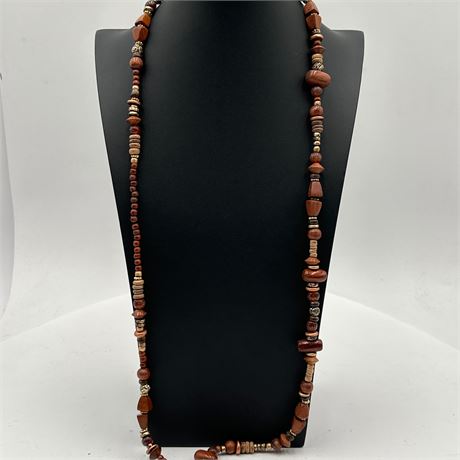 Long Continuous Strand Necklace with Mixed Wood, Bone, and Metal Accent Beads