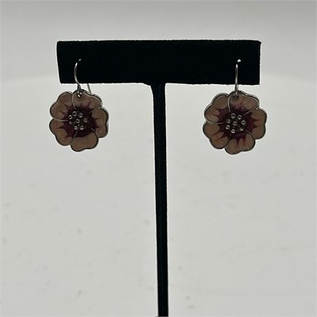 Enamel Flower Drop Earrings with Silver-Tone Metal Settings