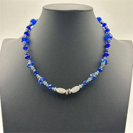 Contemporary Cobalt Blue Faceted Glass Bead Necklace with Bali-Style