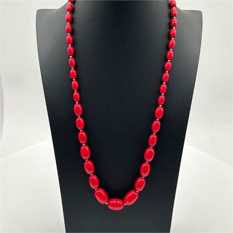 Graduated Red Coral Bead Necklace with Gold-Tone Spacer Beads