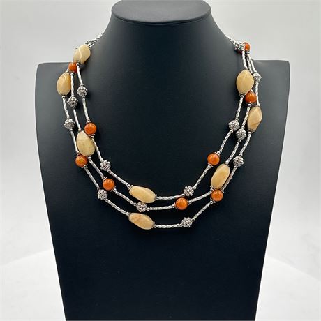 Three-Strand Beaded Statement Necklace with Carnelian-Style and Hardstone
