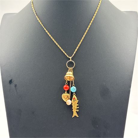Vintage Gold-Tone Cluster Charm Pendant Necklace with Articulated Fish, Bell,