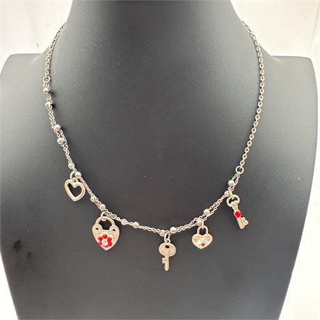 Nina Ricci Vintage Silver-Tone Charm Necklace with Heart Padlock & Key Motifs