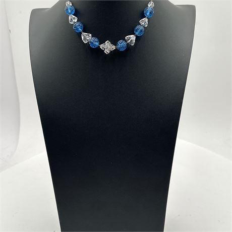 Art Deco Czech Glass Bead Necklace with Carved Blue and Clear Crystal Beads