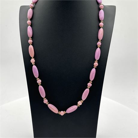 Carved Rose Quartz Bead Necklace with Gold-Tone Spacers