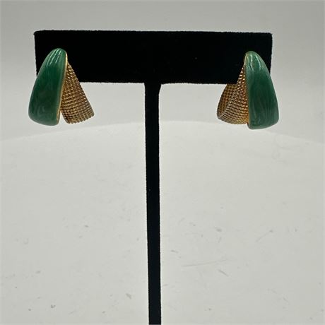 Vintage Unsigned Crossover J-Hoop Pierced Earrings, Green Swirled Resin &