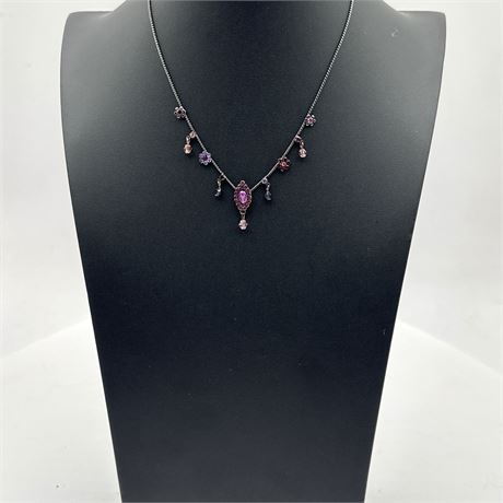 Crystal and Rhinestone Floral Charm Necklace with Purple Stones on Gunmetal