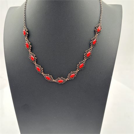 Copper-Tone Filigree Link Necklace with Marquise Red Cabochon Stones