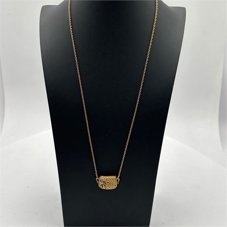 Gold-Tone Necklace with Woven Handbag Purse Pendant Charm