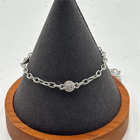 Sterling Silver Cable Link Bracelet with Diamond Pavé Ball Station