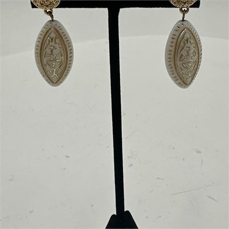 Pair of Carved Celluloid Drop Earrings with Gold-Tone Arabesque Motif