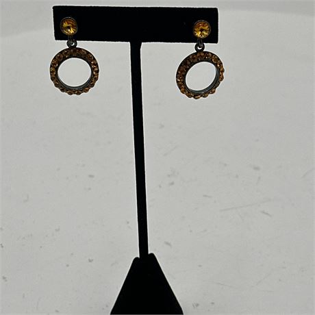 Amber/Topaz Rhinestone Open Circle Drop Pierced Earrings, Gunmetal Finish