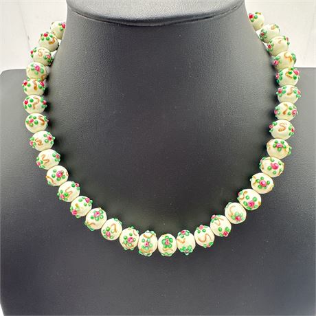 Vintage Venetian Murano Lampwork Glass Bead Necklace with Floral Raised