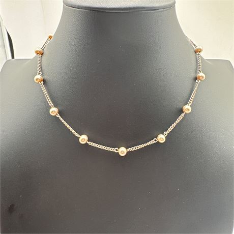 Vintage Gold-Tone Base Metal Bead Station Necklace with J-Hook Clasp