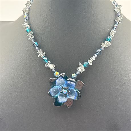 Contemporary Mixed-Media Floral Pendant Necklace with Aurora Borealis