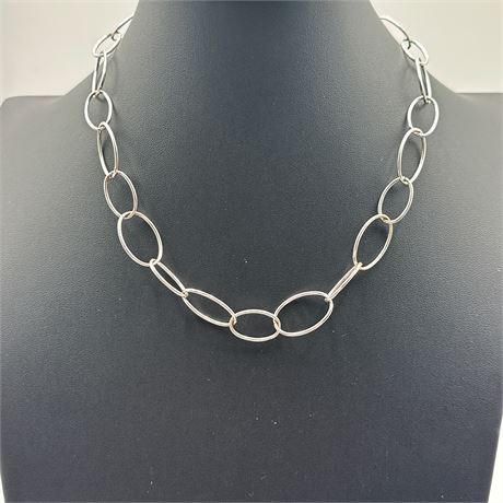 Silver-Plated Base Metal Oval Link Chain Necklace with Lobster Clasp and